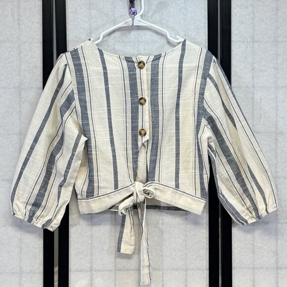 Love J Blue White Striped Crop Top L ¾ Sleeve Button Back Tie Nautical Chic Cool - Picture 2 of 12